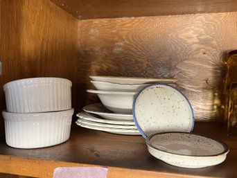 K/ Shelf 11pcs - Ceramic Bowls, Plates, Ramekins, Dipping Dishes: Johnson Bros, Dynasty, Homer Laughlin Etc