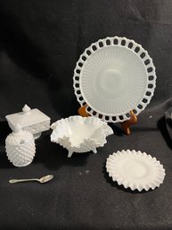 K/ 5 Pcs Milk Glass - Round Ribbon Edge Platter, Hobnail Ruffle Edge Bowl & Sugar/Jam Pot W Sm Plate, Sq Candy