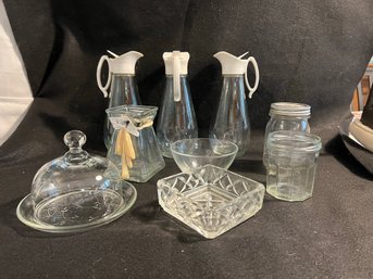 K/ 9 Pc Clear Glass - 3 Log Cabin Syrup Pitchers, Covered Etched Cheese/Butter Dish, Bowls, Vase Etc