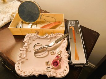 2B1/ Box 10pcs - Vintage Vanity Items: Personal Trimmers, Mirror, Bakelite Shoehorn, Scissors Etc