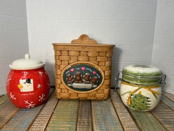 AD28/RER 3pcs: Christmas Ceramics: Cookie Jar, Gingerbread Box, Tree Canister