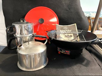 K/ 3 Pc Vintage Kitchen - Lifetime 18-8 Stovetop Coffee Pot, Lifetime Tea Kettle, West Bend 6Qt Electric Wok