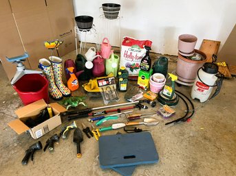 G/ Gardening Lot: Boots, Planters, Tools, Watering Cans, Assorted Nozzles & Wands, Planter Stands, Hangers Etc