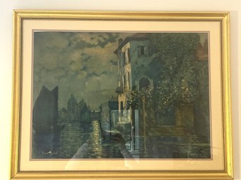 2BR/ Large Framed Venetian Print Signed Louis Seybold - Matted In Gold Colored Frame