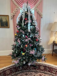 LR/ Beautiful Faux 7ft Tall Christmas Tree W Lights & All Decorations & Ornaments Shown