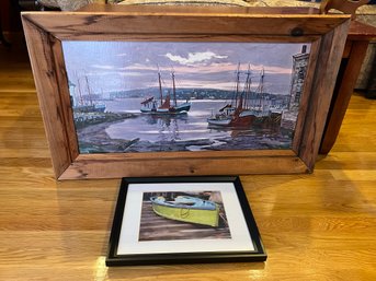 LR/ 2 Framed Artwork W Boats - Green Dinghy/Rowboat Signed Michael M?? & Harbor Scene Signed Stepule