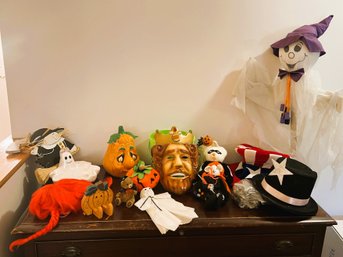 LR/ Halloween Lot - Burger King Full Mask, Pippi Longstocking Wig, Asstd Hats, Asstd Decor, Ghost On A Stick