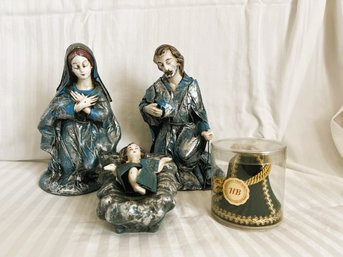 LR/ 4 Pcs - Unique Mary Joseph Baby Jesus Paper Mache W Porcelain Heads & HB Western Germany Music Bell