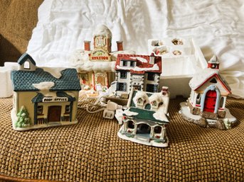 B/box 5 Holiday Vllg Houses - 4 Lighted Ntl Decorations, No Name, Enesco Also Music Box, Jasco Holds Votive