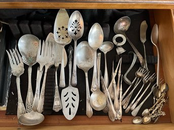 DR/ Bag Of Asstd Silver Plate Utensils - George H Rogers, Rogers Bro Etc & 1940 Mother Pearl Rattle Teether...