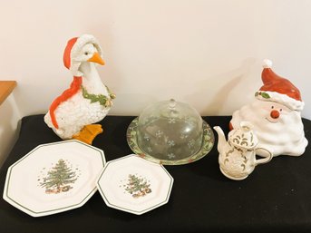 B/ 6 Pc Xmas - Santa Cookie Jar, 2 Christmas Tree Plates, Holiday Duck, Painted Glass Cake Plate W Cover, Teap