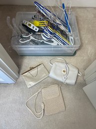 2BR/ 3 Small Purses And Bin Of Hangers