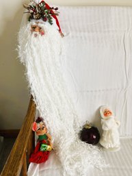 B/ Box 4 Xmas Decor - Santa Door Hang W Long White Beard, 2 Annalee Dolls Figures, Purple Glass Lrg Ornament