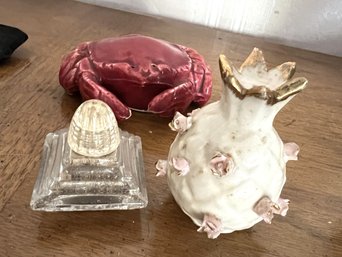 DR/ Bin Of 14 Asstd Mini Salt Pepper Shakers - 4 Porcelain Japan 3D Rosettes, 8 Glass, 2 Red Lobster & Crab