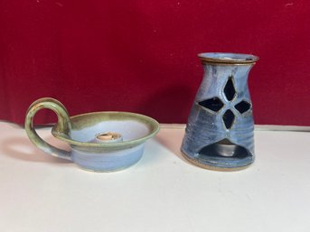 LS/ 2pcs - Pretty Blue Artisan Pottery Candle Holders - Artist Signed