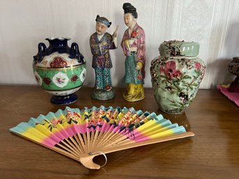 DR/ 5 Lovely Asian Decor Pcs - 2 Jars, 1 Fan, 2 Figures Statues