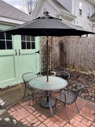 G/ Great Round Outdoor Patio Table, Black Solefin Simply Shade Umbrella & Base, 3 Black Metal Patio Arm Chairs