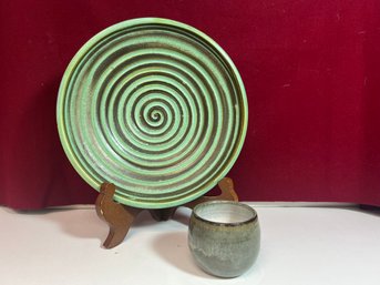 LS/ 2pcs - Beautiful Green Artisan Pottery: Cup By Appleton, Plate By Myer (?)