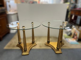 CRB3/B 2pcs: Neoclassical Glass Topped Gold Accented Side Tables W/ 3 Leg Platform Base