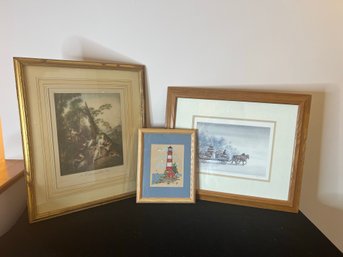 2BR/ 3 Items - 2 Prints, 1 Cross Stitch - 1 Print By Franz Hanfstaengl Other Signed And Numbered