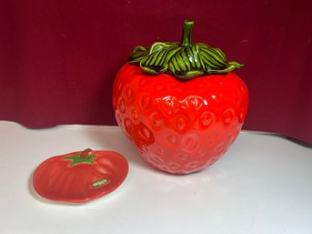 LS/ 2pcs - Red Ceramics: Metlox Strawberry Cookie Jar And Boston Warehouse Trading Tomato Spoon Rest