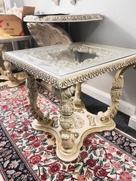 CRC1/H: Very Heavy Glass Topped Neoclassic Ornate Cream Colored Side Table
