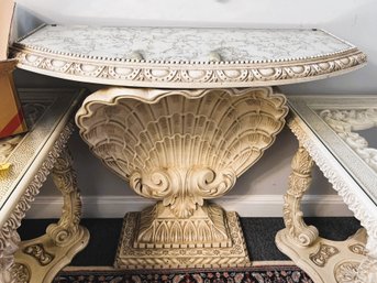 CRC2/H: Neoclassical Console W Mirrored Top & Gold Etching, Ornate, Cream Colored, Lg Seashell Base