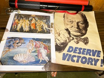 LO/ 2tubes 3pcs - 2 Prints By Sandro Botticelli & Vintage Churchill 'Deserve Victory!' Poster