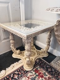 CRC2/H: Very Heavy Glass Topped Neoclassic Ornate Cream Colored Side Table