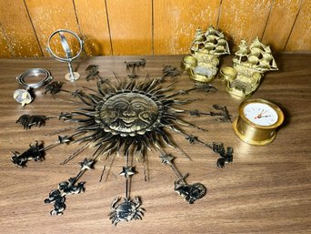 LO/ Box 6pcs - Mixed Metals Lot : Cool Sun With Signs Of The Zodiac Wall Art, Sailing Ship Brass Bookends Etc.
