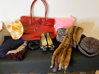 3BR/ 1 Box Of Interesting Women's Accessories Including A 5 Mink Shawl, Elizabeth Ardon Purse Etc