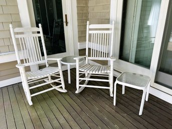 P/ 4pcs - 2 Outdoor Wooden Rocking Chairs, 2 Small Tables With Metal Frames & Tempered Glass Tops