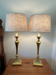 1BR/ 2 Very Pretty Tall Brass Table Lamps With Round Neutral Fabric Shades