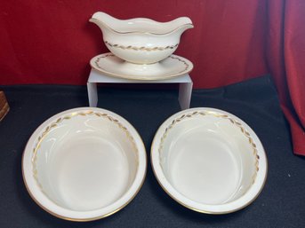 LS/ 3 Pcs - Lovely Lenox Golden Wreath Bone China: Gravy Boat W Underplate & 2 Oval Serving Bowls