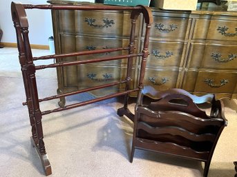 3BR/ 5 Pole Vintage Blanket/quilt Rack And Wood Magazine Rack By 'brandt' Hagerstown MD