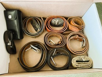 1BR/ Box 9pcs - Assorted Mens Leather Belts With Unique Belt Buckles And Smith Sunglasses