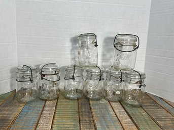AD70/RER 8pcs: Vintage Glass Canning Jars: 6 Ball, 2 Atlas EZ Seal - All With Wire Closures