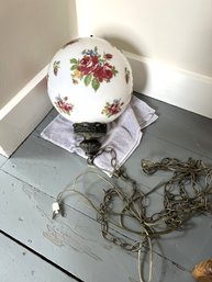 2BR/ Vintage Hanging Light - Beautiful Floral Motif Painted On Glass Globe With Ornate Metal Detailing