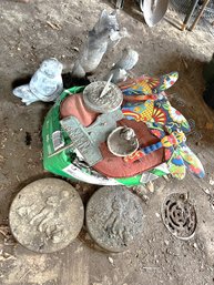 G/ Garden Decor Lot - Path Stones, Colorful Metal Dragon Fly & Butterfly, Resin Squirrel Cat Frog, Sundial Etc