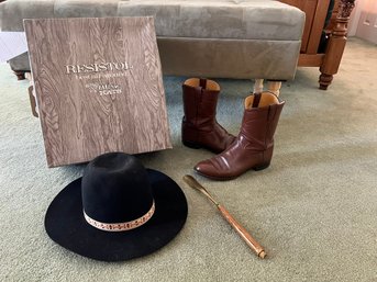 1BR/ Box 3pcs - Mens Resistol Cowboy Hat, Justin Cowboy Boots And Shoe Horn
