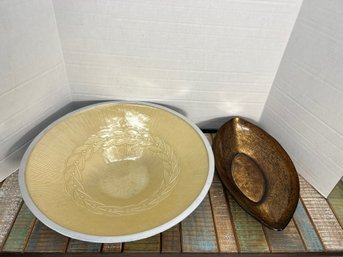 AD73/RER 2pcs: Unique Large Serving Bowls: 1 Huge Metal W Inside Design , 1 Vintage Bombay Bronze Glass Bowl