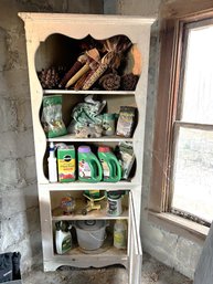 G/ Vintage White Wood Corner Shelf Cupboard W Lots Of Garden Supplies & Autumn Decor & Hanging Glass Ball....