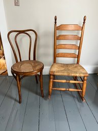 2BR/ 2pcs - Cane Ice Cream Parlor Chair And Rush Rocking Chair By JR Rountree, NC