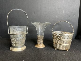 SF/ Bin 3pcs - Gorgeous Vintage Sterling And Glass Reticulated Baskets And Vase