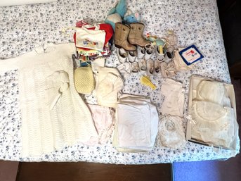 3BR/ 1 Box With A Large Bundle Of Some Vintage Baby Blankets, Shoes, Clothing Etc