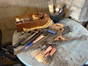 G/ Vintage & Modern Tools Lot - Hand Drill, Saws, Hammers, Twine, Door Knobs, Paint Supplies, Hardware...