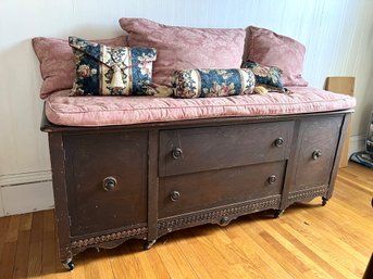 B2B/ Beautiful Vintage Wooden Bench Seat On Wheels W Cushions, 2 Center Drawers, 2 Side Cabinet Doors