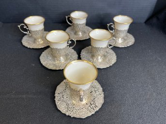 SF/ Bin 6pcs - Beautiful Vintage Lenox And Sterling Silver Demitasse Cups And Saucers