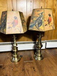 LF/ 2pcs - Gold Metal Table Lamps With Matching 6 Sided Bird Shades