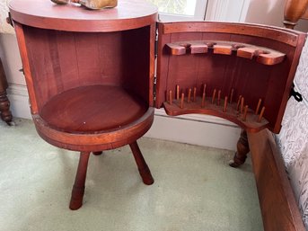 B2A/ Vintage Barrel Style Sewing Cabinet 3 Legs Front Open Door, Brass Baby Shoes & Fabric Tomato Pin Cushions